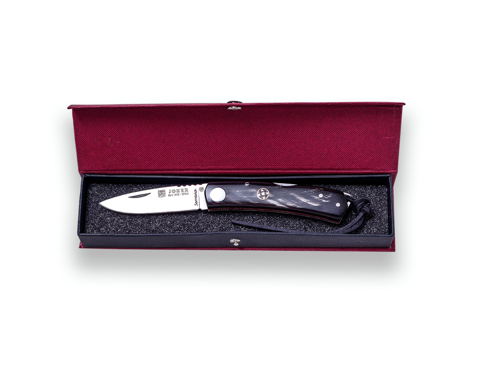 NAVAJA DEPORTIVA JOKER SERRANA, CON BLOQUEO LOCK BACK, HOJA 7 CM, ACERO INOX MOVA 1.4116 Y CACHAS DE CUERNO DE BUFALO.