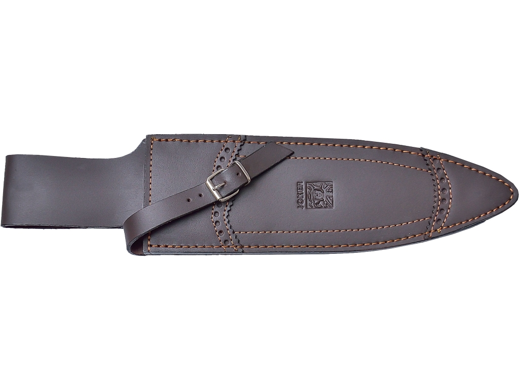 CUCHILLO DE REMATE JOKER VERRACO CON PUÑO DE CIERVO Y HOJA DE DOBLE FILO DE 26 CM. CON FUNDA DE CUERO