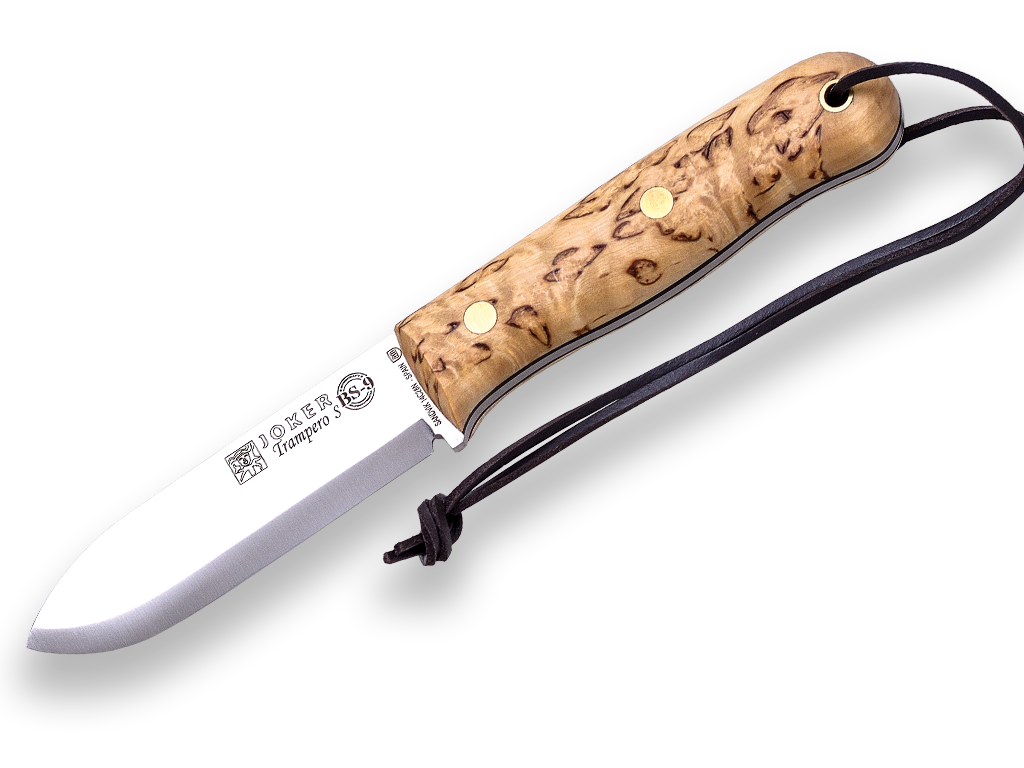 CUCHILLO BUSHCRAFT Y SUPERVIVENCIA JOKER TRAMPERO SCANDI EN ABEDUL RIZADO, CON FERROCERIO.