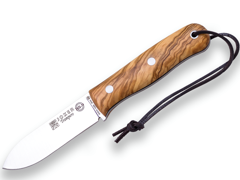 CUCHILLO BUSHCRAFT Y CAZA JOKER BS9 TRAMPERO. ACERO SANDVIK 14C28N, MANGO MADERA DE OLIVO, HOJA 10 CM. CON FUNDA VAQUETILLA Y FERROCERIO