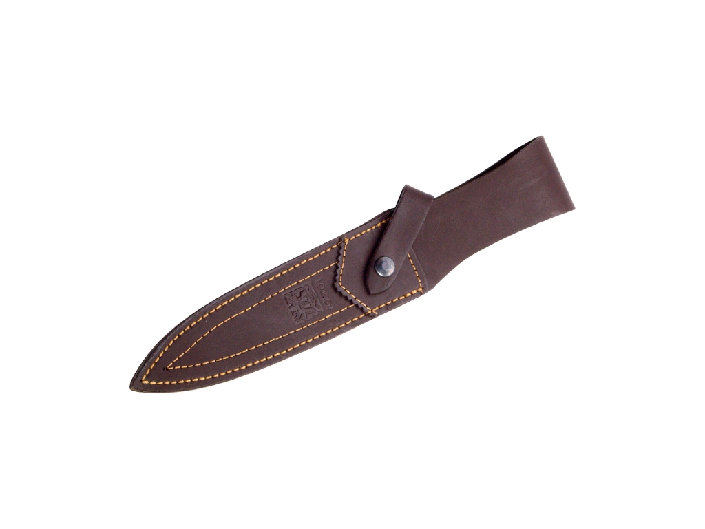 OLIVE WOOD HANDLE, 18 CM FIXED BLADE FINISH OFF JOKER CHAMOIS HUNTING KNIFE. LEATHER SHEATH.