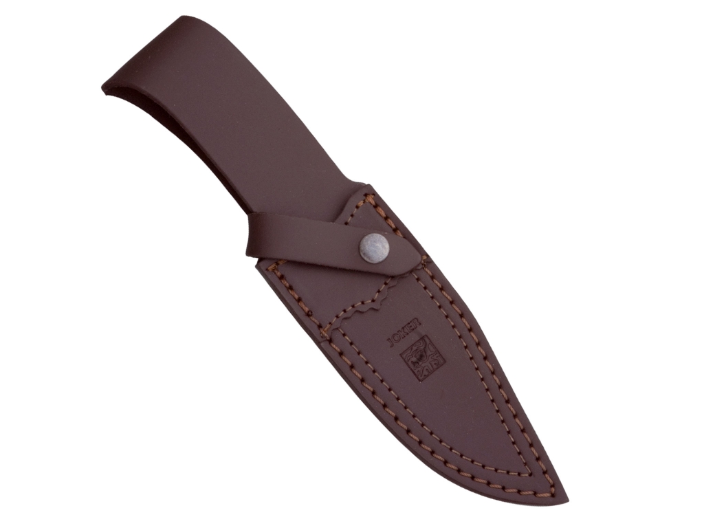 CUCHILLO DESOLLADOR JOKER OSO,CACHAS MADERA DE OLIVO, HOJA ACERO INOX DE 12 CM.FUNDA DE CUERO.