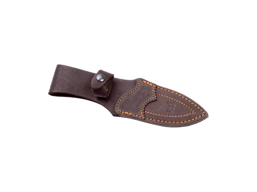 CUCHILLO DESOLLADOR JOKER VENADO, CACHAS MADERA ROJA, HOJA DE 11 CM.ACERO INOX. FUNDA DE CUERO.