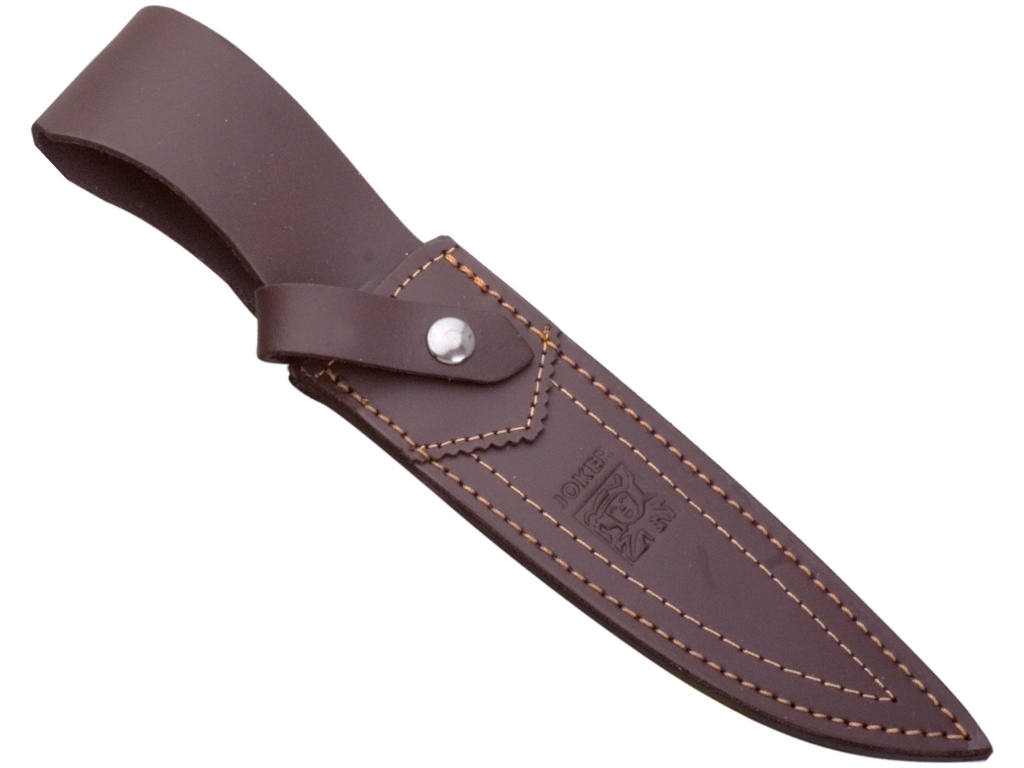 COUTEAU DE CHASSE JOKER JABATO AVEC MANCHE CORNE DE CERF SCULPTÉS A LA MAIN ET LONGUEUR LAME 14 CM.ÉTUI EN CUIR.