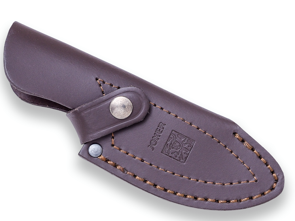 CUCHILLO DE CAZA JOKER AGUILA, PUÑO ASTA DE CIERVO, VIROLA MADERA ROJA, HOJA DE 8,5 CM. FUNDA DE CUERO