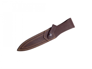 OLIVE WOOD HANDLE, 18 CM FIXED BLADE FINISH OFF JOKER CHAMOIS HUNTING KNIFE. LEATHER SHEATH.