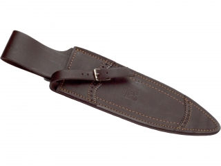 OLIVE WOOD 25,5 CM FIXED BLADE DOUBLE EDGE FINISH OFF JOKER BISONTE HUNTING KNIFE WITH LEATHER SHEATH.