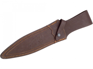 CUCHILLO DE REMATE JOKER REHALERO CON PUÑO DE MADERA ROJA Y HOJA DE DOBLE FILO DE 23,5 CM. FUNDA DE CUERO