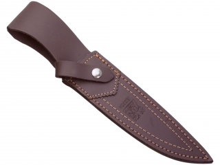 COUTEAU DE CHASSE JOKER JABATO AVEC MANCHE CORNE DE CERF SCULPTÉS A LA MAIN ET LONGUEUR LAME 14 CM.ÉTUI EN CUIR.