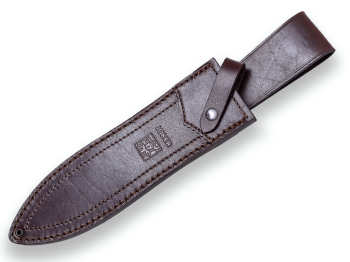 CUCHILLO DE REMATE JOKER JABALÍ, PUÑO EN MADERA DE OLIVO Y HOJA DE DOBLE FILO DE 25 CM. ACERO MOVA 1.4116. FUNDA VAQUETILLA.