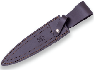 CUCHILLO DE REMATE JOKER COLMILLO CON PUÑO EN MADERA DE OLIVO Y HOJA DE DOBLE FILO DE 21,5 CM. CON FUNDA DE CUERO
